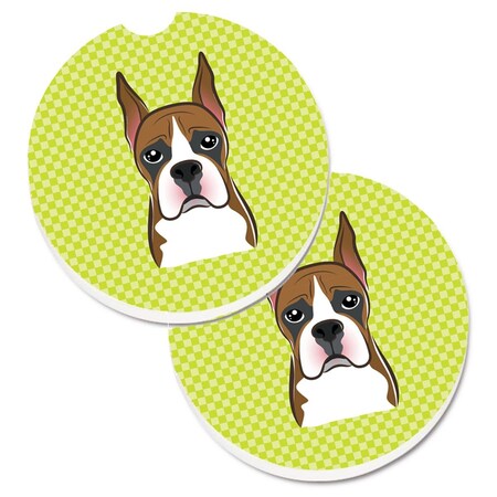 Carolines Treasures Checkerboard Lime Green Boxer Set of 2 Cup Holder Car Coaster BB1285CARC